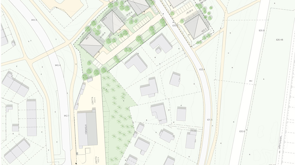 Kartbild som visar planområdet med byggnader och gröna ytor. Illustration